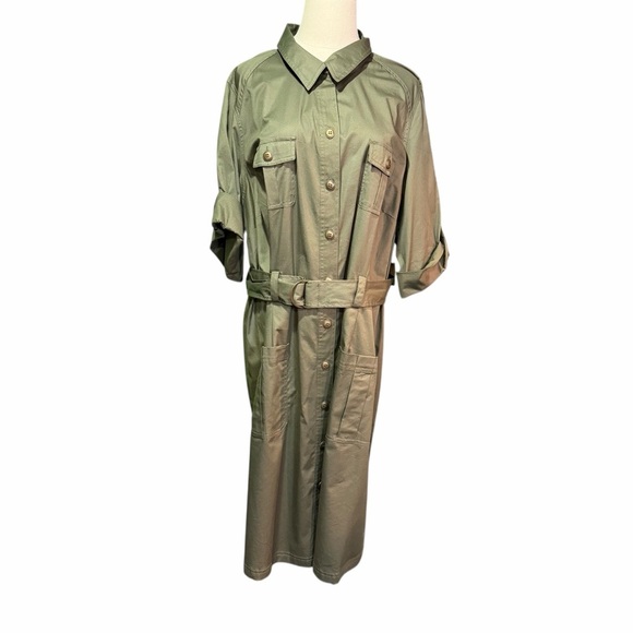 NWT Lane Bryant Olive Green Khaki Twill Belted Safari Shirt Dress Plus Size 24 - Picture 2 of 13